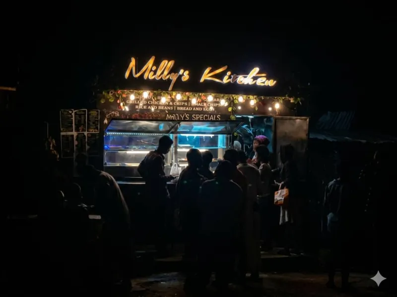 Milly's Kitchen stall at night